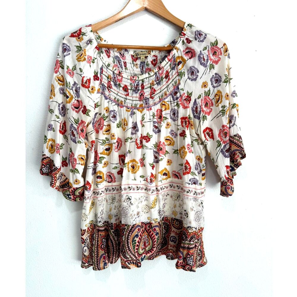 Democracy bohemian blouse peasant decorative trim smook neck summer women M